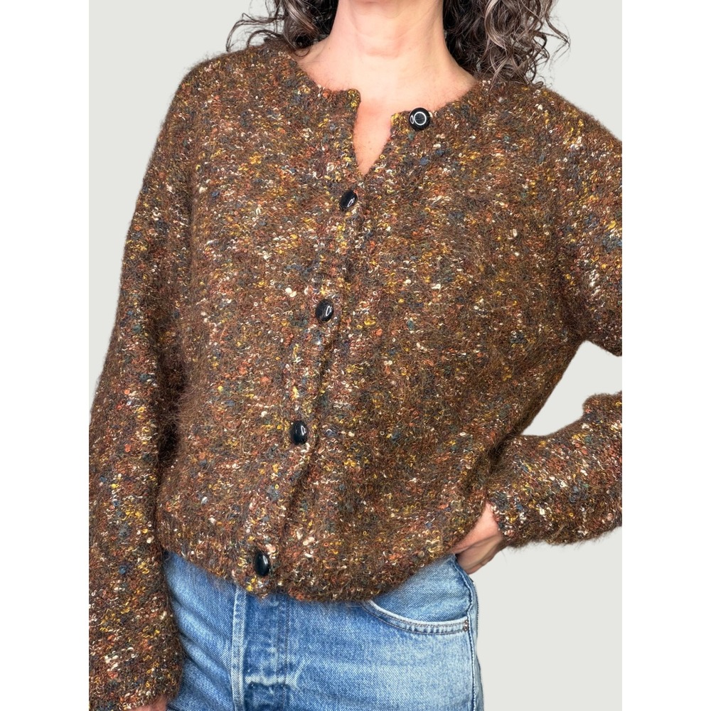Vintage 90s Y2K Brown Mohair Wool Blend Confetti Knit Fuzzy Cardigan Sweater S